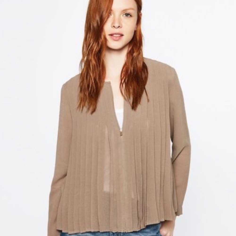 Zara M Pleated Front Zipper Chiffon Blouse
